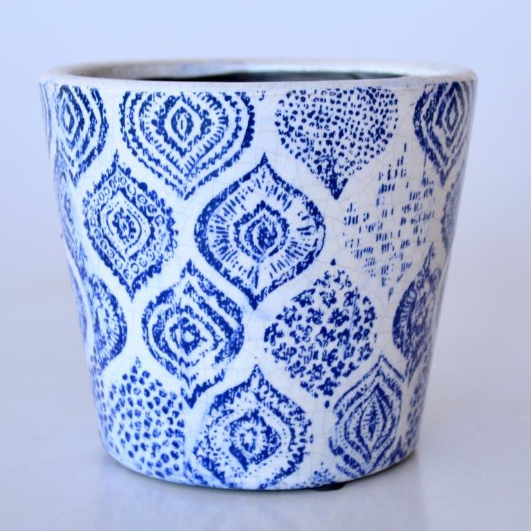 BLUE ROUND INDIAN DESIGN PLANTER  14X16CM